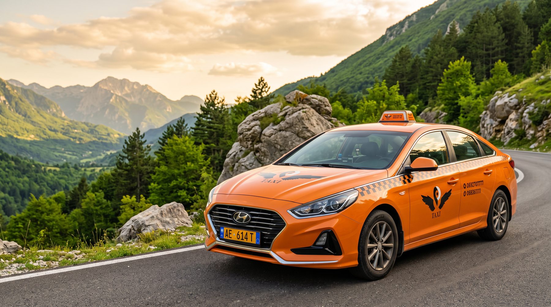 Hyundai Sonata taxi on a mountain road